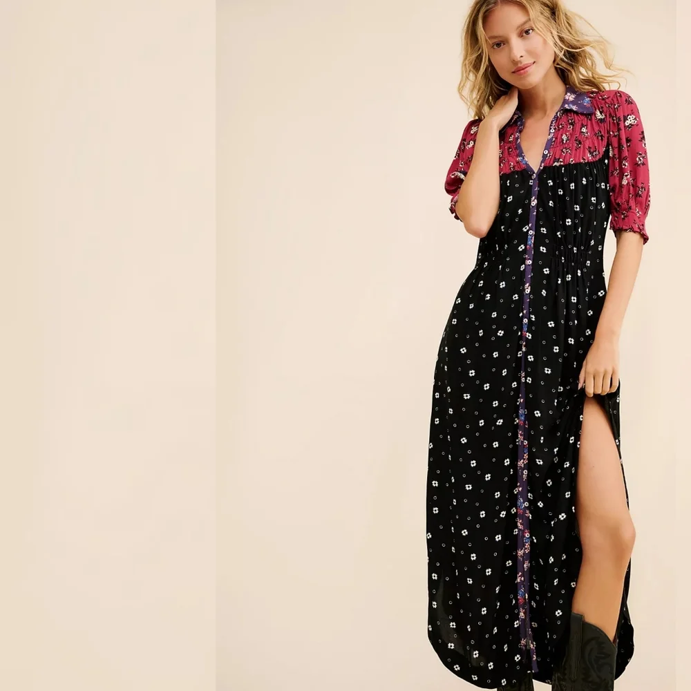 Free People Nora‎ Midi Dress Short Sleeve Red & Black Floral Print Women's Large